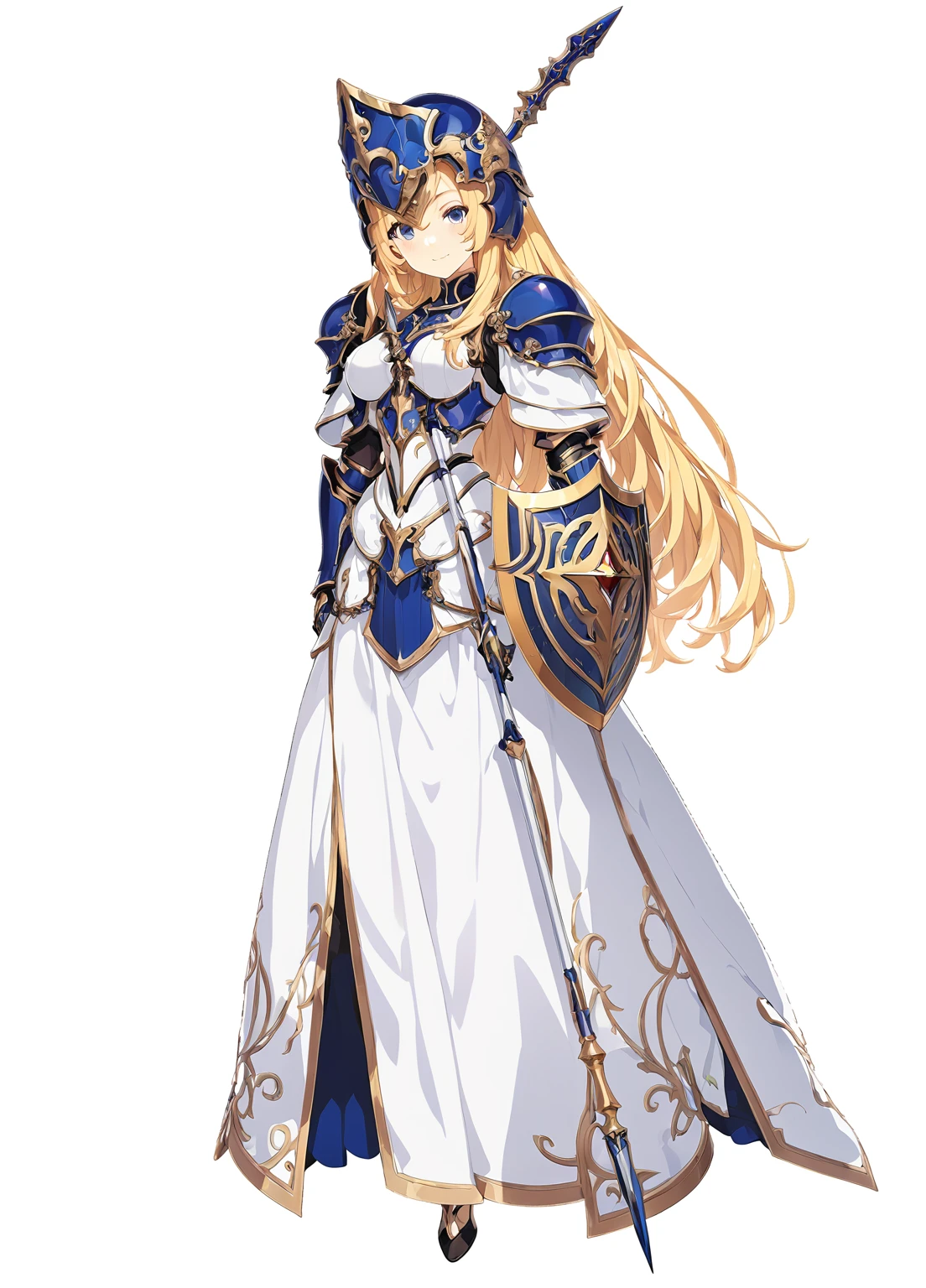 high quality, high resolution, high qualityのゲームアートスタイル, whole body,valkyrie,perfect hand,Official Art, Smooth game CG art, Visual Novel Sprites, White background,Smooth game CG art, (((Woman with a long spear))),Woman wearing a white dress and blue armor, An intricately designed helmet with white feathers,Small shield, (((In his right hand he holds an elaborate long spear))),Exquisite Blue Armor,Golden Hair, long hair, female knight, Rin々Shii,Large Bust,20-year-old,