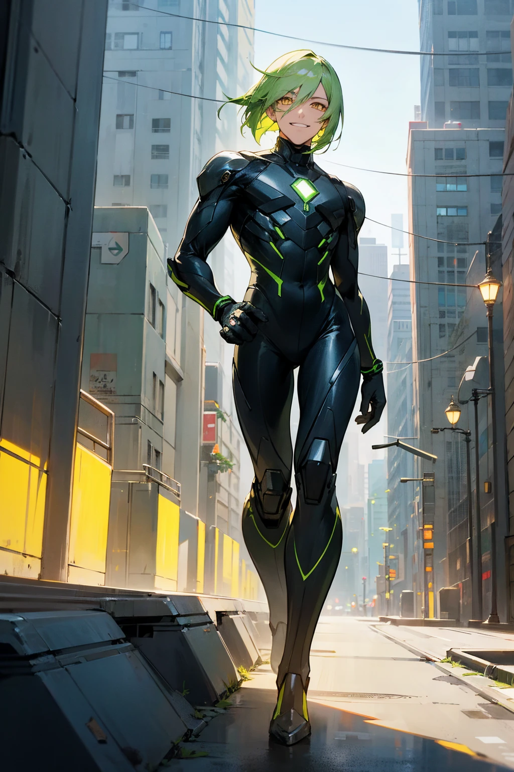 1male, light green hair, medium length hair, two toned hair, yellow eyes, grinning, black super suit, metallic suit, city background, detailed background, detailed face, standing, walking on path, hands to side