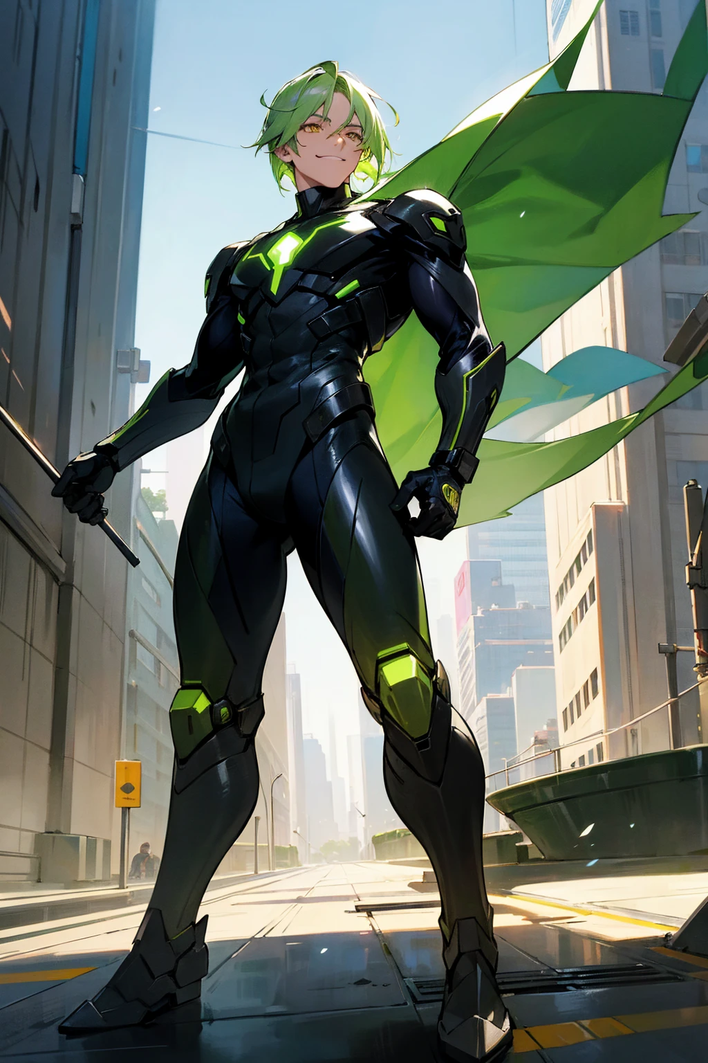 Develop an image of a hero wearing a green and gold costume. The hero must have a noble and powerful appearance, with distinct character traits. The green and gold costume should be modern and futuristic, with technological elements and details that make it unique. The hero must be in a heroic pose, as if he is ready to face any challenge that comes his way. The background scene can be an urban landscape or an imaginary landscape that matches the heroic aura of the character. Feel free to add creative and interesting details to make the hero even more captivating