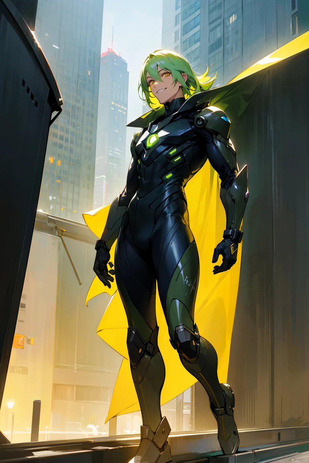 1male, light green hair, medium length hair, two toned hair, yellow eyes, grinning, black super suit, metallic suit, city background, detailed background, detailed face, standing, walking on path, hands to side