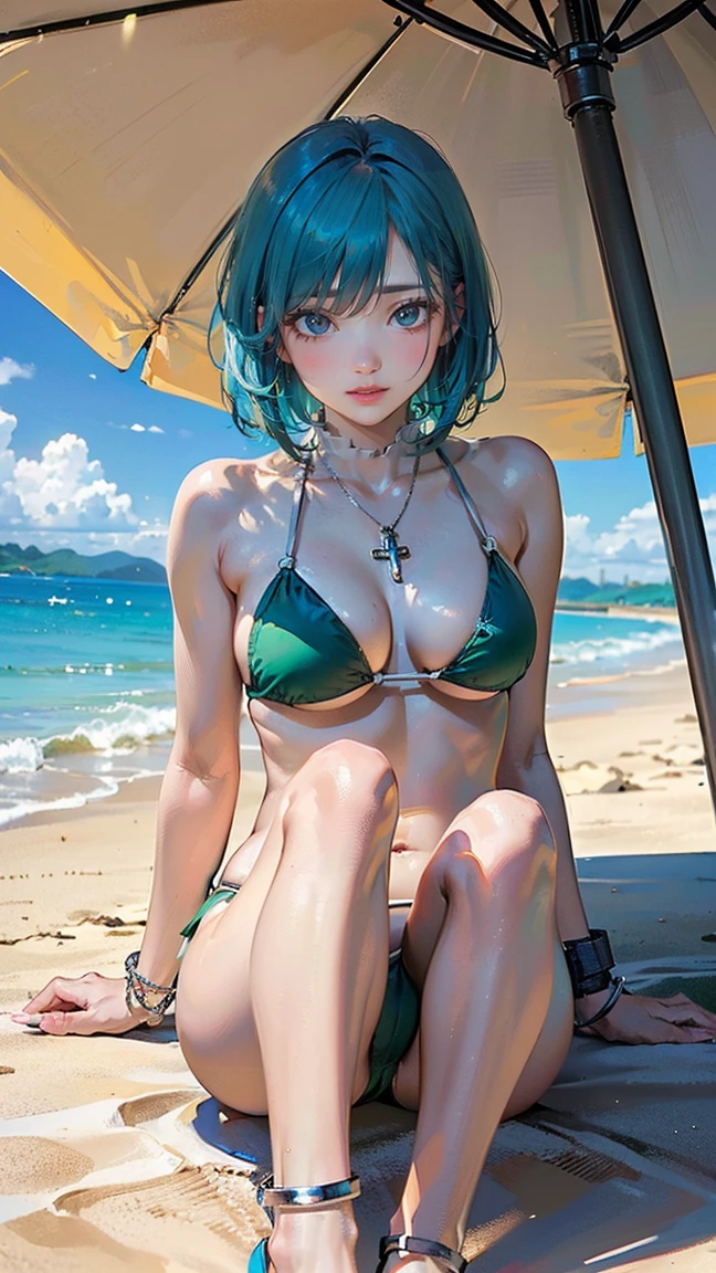 (masterpiece, Highest quality:1.3), (Super detailed:1.2), (hyperRealistic:1.3), (RAW Photos:1.2), High-definition RAW color photos, Professional photos, (PhotoRealistic:1.4), (Realistic:1.4), Professional Lighting, Perfect Anatomy, (Small breasts:1.2), (Red Eyes、Detailed face), (Cool look:1.5), (Light blue hair:1.5), Short Bob、 necklace, bracelet, Sexy, erotic Sexy, Random sexy gravure poses, (Beautiful woman in a green cross-back bikini、Sitting in the shade of a beach umbrella and winking。A simple silver anklet to adorn your feet.。: 1.3)