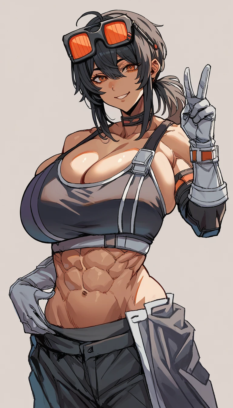 score_9, score_8_up, score_7_up,sports bra, black choker, black gloves, white gloves, elbow gloves, gracehd-ponyxl, black hair, ponytail, eyewear on head, abs, huge breasts, overflowing breasts, skindentation, peace sign, smile, looking at viewer