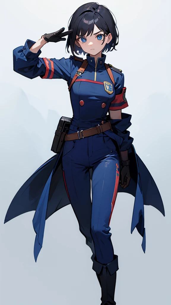 1,An android that resembles a human,Deep blue eyes,Short black hair,Dark blue uniform,Island symbol on chest,Red armband on right arm,gloves,Dark blue pants for easy movement,Many side pockets,Black leather boots,badge,White background,whole body,Character portrait,salute