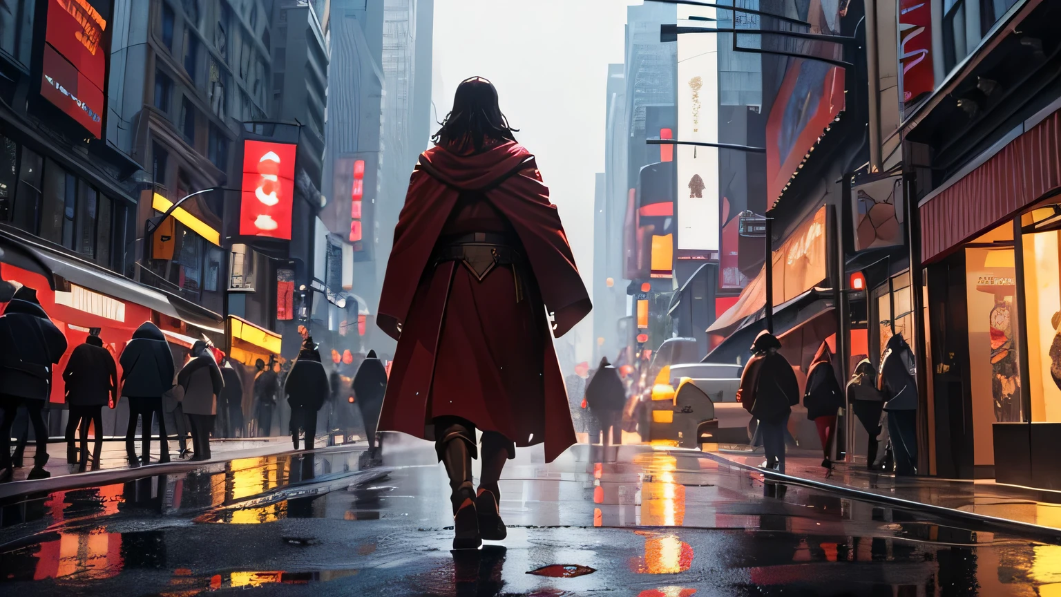 night movement scene, Jesus with red cape, ancient clothing of a Roman warrior from the 4th century BC, back view, running in the rain in New York City at night,