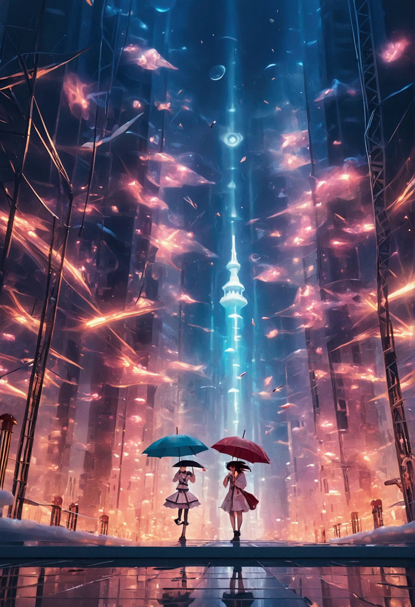 2 women away from the camera, wearing umbrellas, heavy rain, metropolitan city, aqua blue color theme