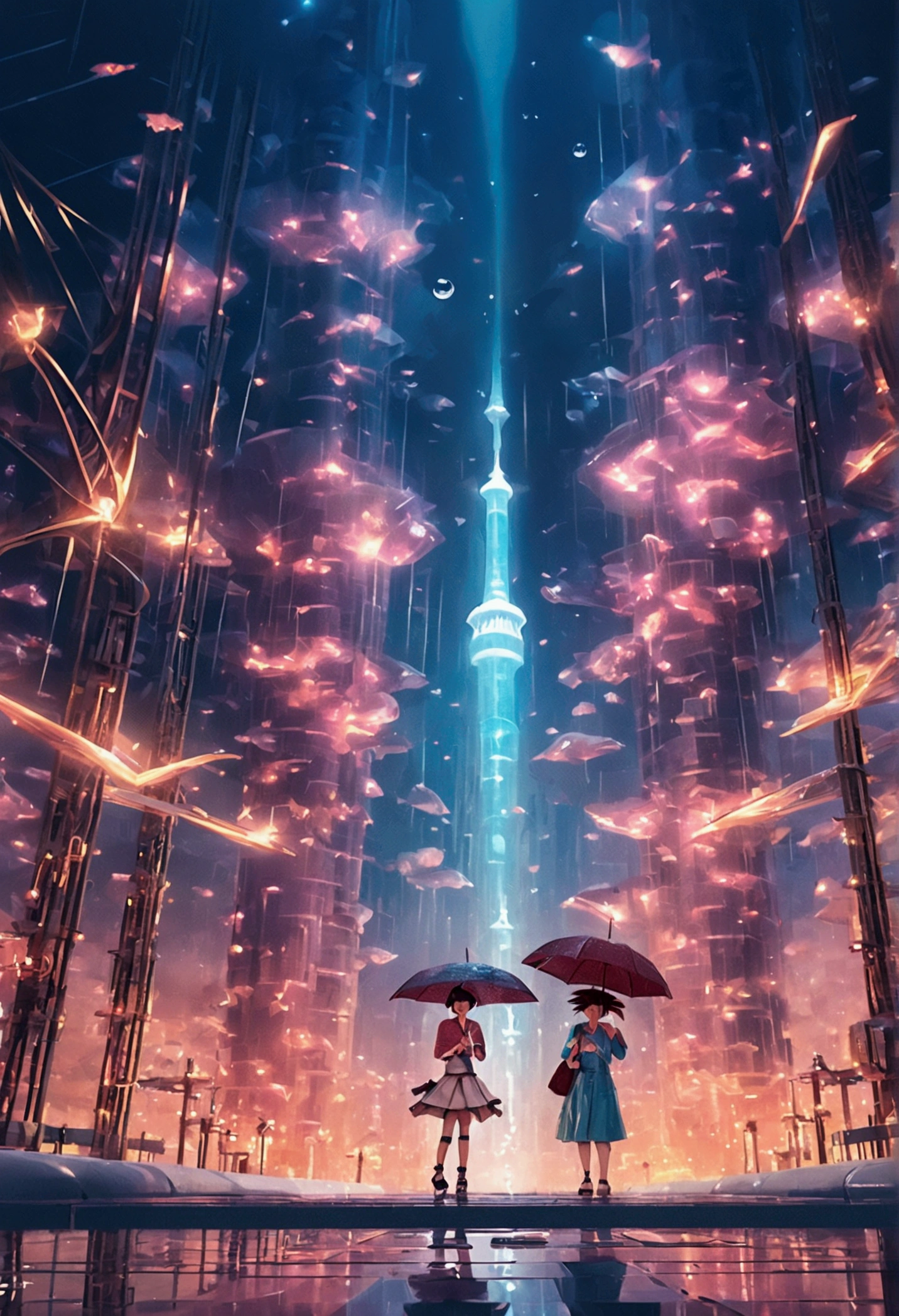 2 women away from the camera, wearing umbrellas, heavy rain, metropolitan city, aqua blue color theme