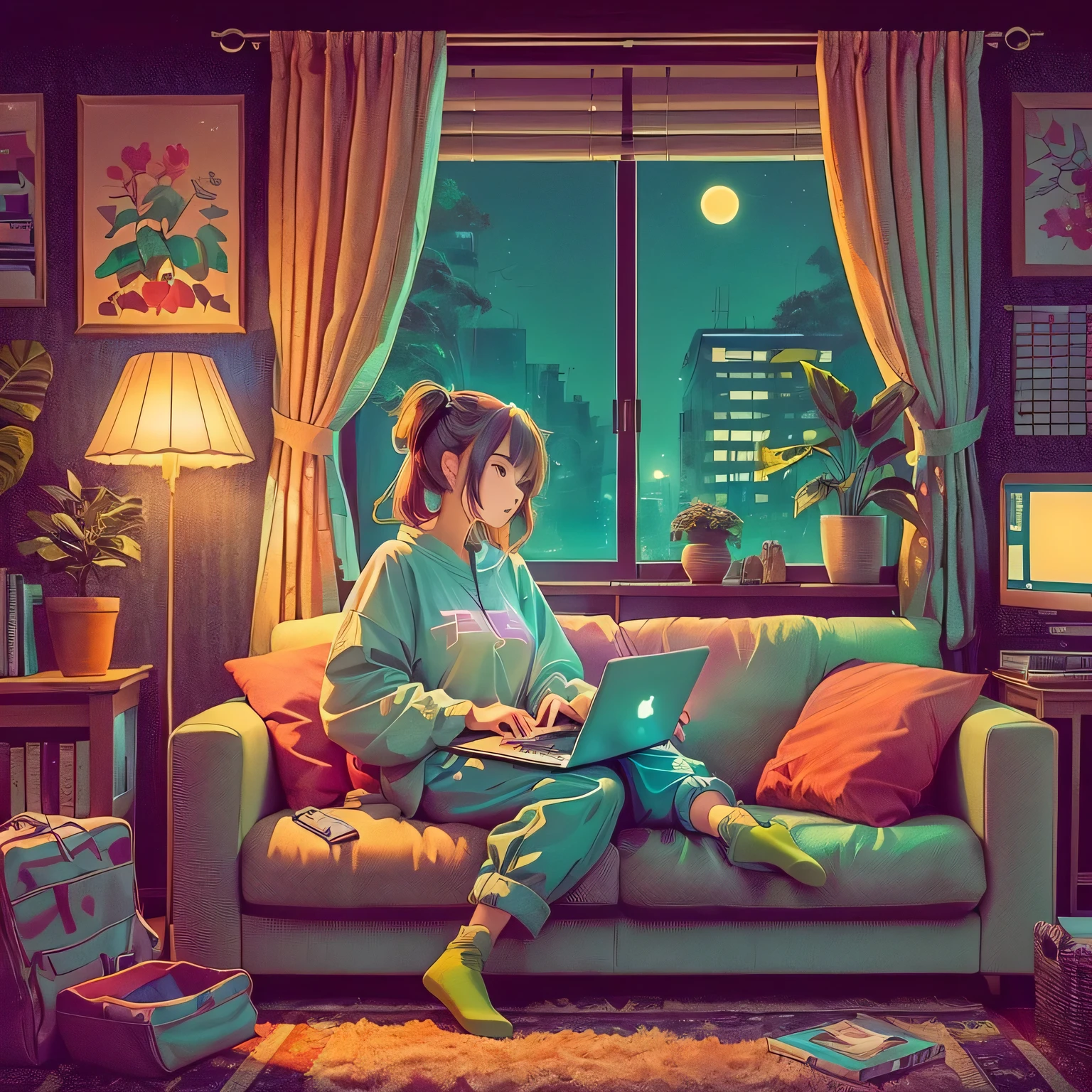 Anime girl sitting on sofa using laptop, 80&#39;s anime vibe, Lo-fi Girl, lo-fi Illustration Style, Lofi Art, Lofi Artstyle, 8 0ies aesthetics, Lo-fi art, Retro 90s Japanese, An atmosphere of praise, Illustration Style, 3D grainy aesthetic illustration, 80s anime art style　smile