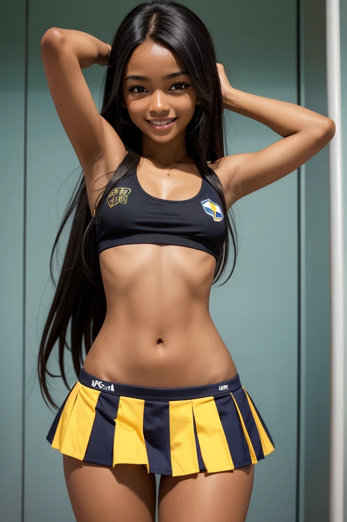 1 hot girl, very dark skin, black eyes, grin, gorgeous, brasilian, long hair, school girl, , small breasts, navel, exposing clothes, cheerleader, hand behind head, armpits, tight body