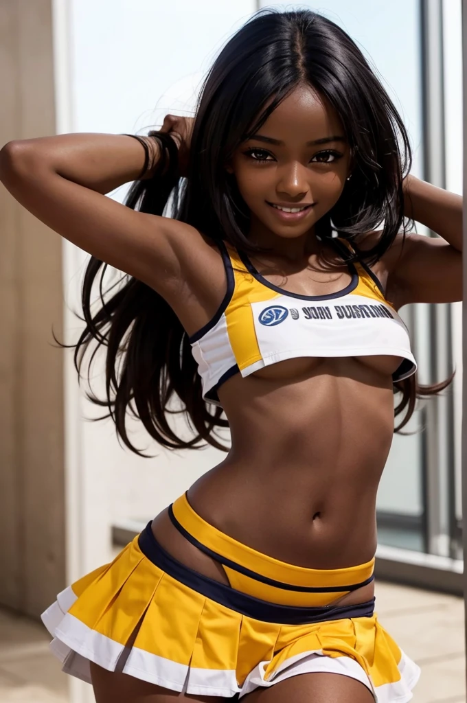 1 hot girl, very dark skin, black eyes, grin, gorgeous, african, long hair, school girl, young , small breasts, navel, exposing clothes, cheerleader, hand behind head, armpits, tight body