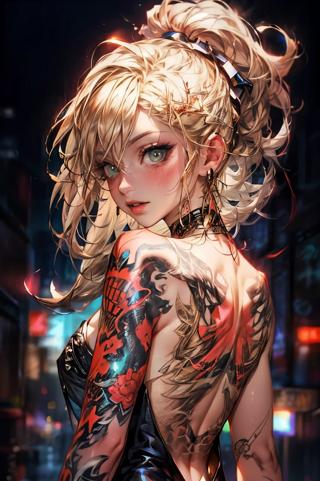 Blonde Long hair Chest length Hair Eye color Green Tattoo Black dress Delicate background Cyberpunk High resolution 8K