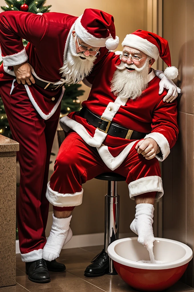 Santa Claus desperate to pee using both hands to grab his crotch.