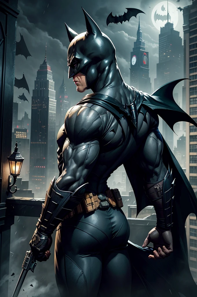 Batman character from the back (uniforme baseado em Batman Arkham City) on top of a building looking at Gotham City in front of you.
