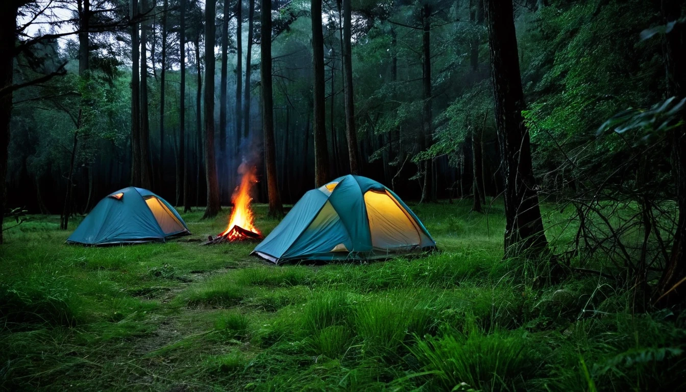 scary forest, two lonely camping tents in the grass between the trees, bonfire, dark night, tense atmosphere