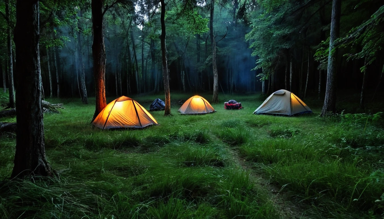 scary forest, two lonely camping tents in the grass between the trees, bonfire, dark night, tense atmosphere