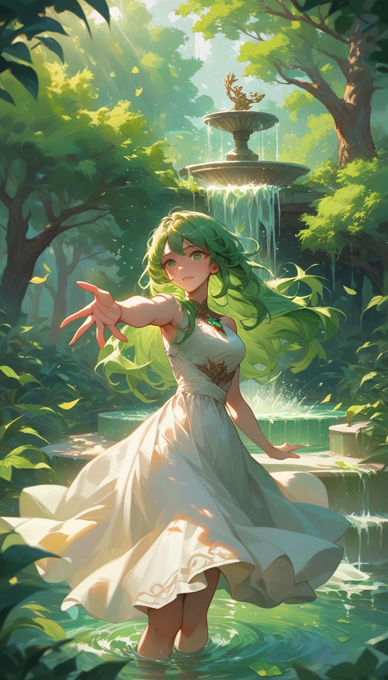 The goddess of the spring, emerald green hair, long hair that reaches down to her waist, Scene of rising from the fountain, Floating on the big fountain, Sunlight filtering through the trees in the forest, white dress, Reaching out