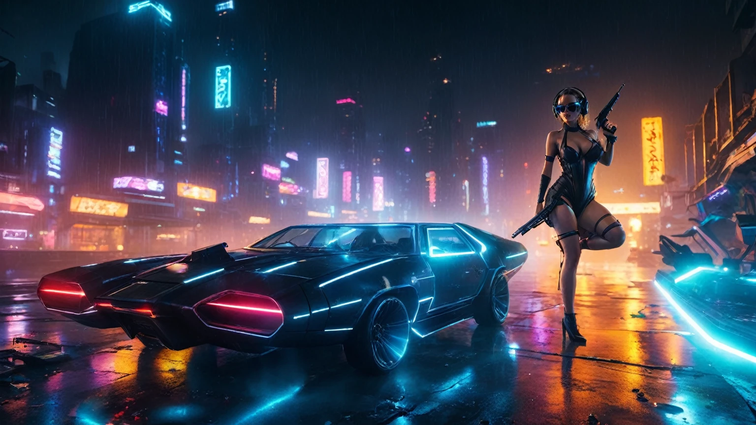 (aerial view, a flying cars docking platform, a very dark abandoned futuristic city, neon lights), rainy night. 1girl, solo, alone, large-breast:1.2 slim body, cleavage:1.1, sexy wind blowing wet dress:1.4, (headphone, black sunglasses), (((((she raised:1.8 a pistol:1.8 and took aim))))), dynamic pose, (((half-body thigh level medium shot))), cinematic lighting, lens flare, ray tracing.