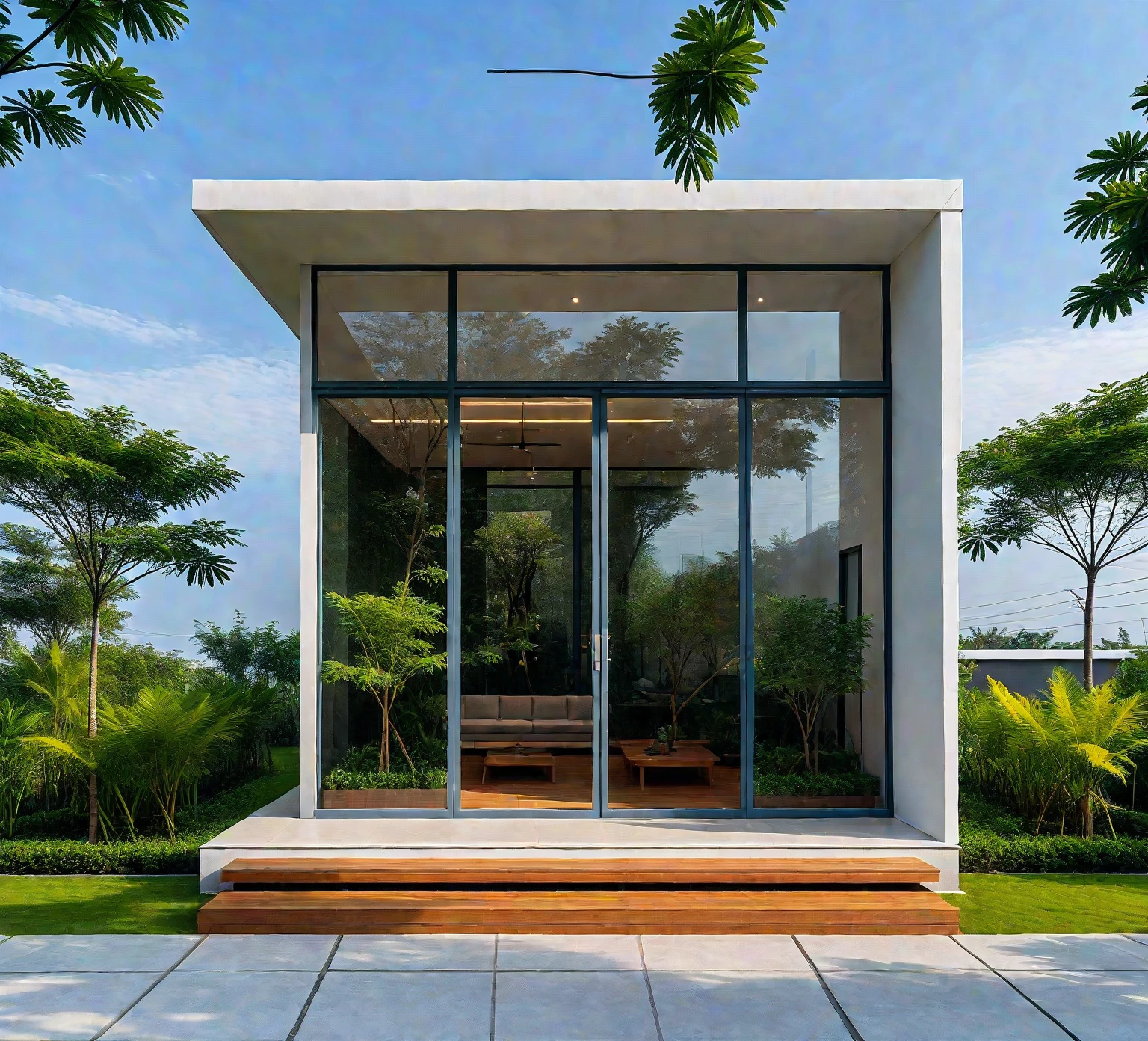 A hyper-realistic , a modern one-story house with a minimalist design, (very small house: 1.2) ,((with a facade less than 4 meters wide:1.2)), white and glass materials, wood,  The house has a flat roof, large floor-to-ceiling glass windows, The garden includes various tropical plants and trees. (house as the showroom mini furniture:1.2), front view, elevation view