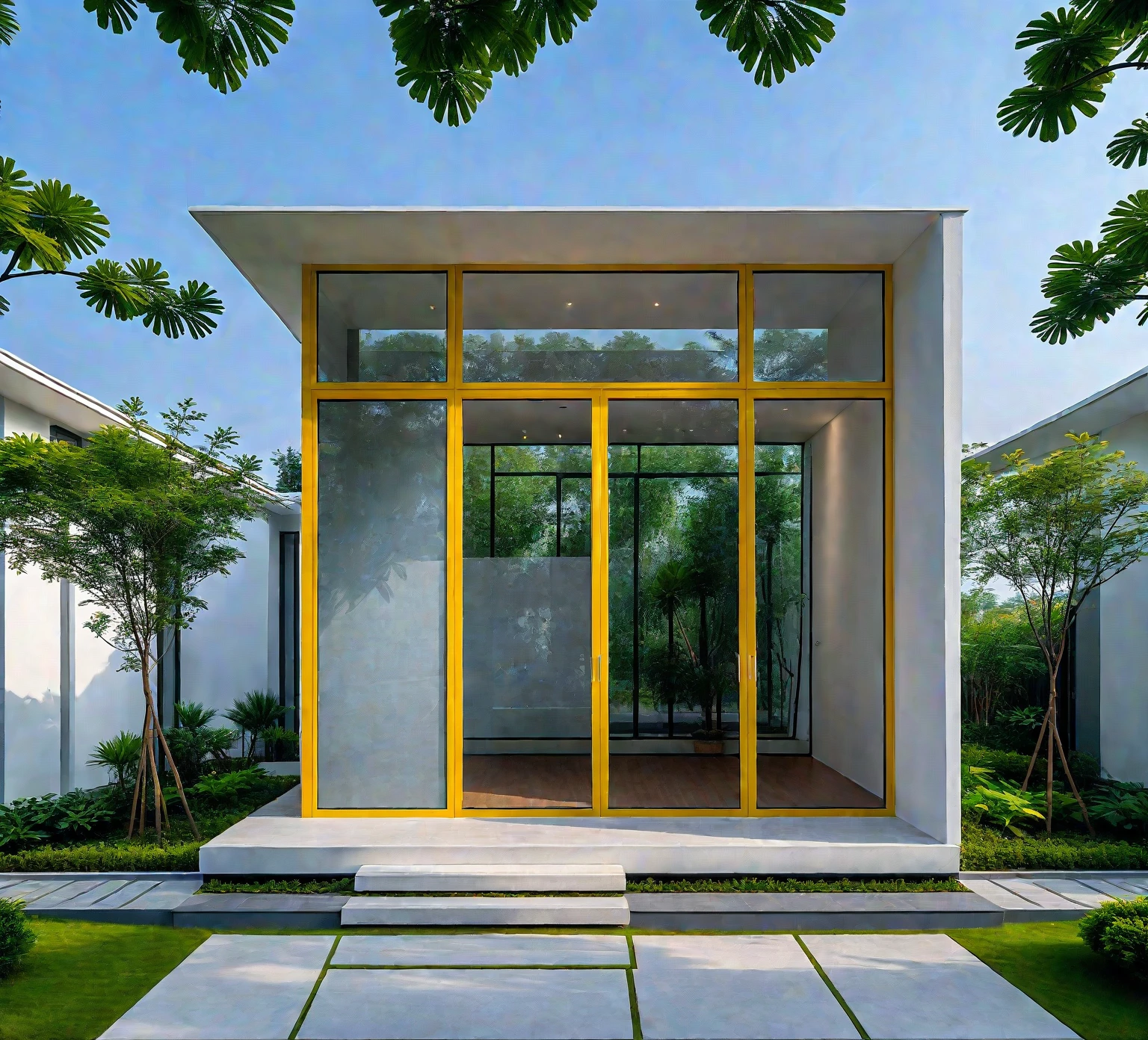 A hyper-realistic , a modern one-story house with a minimalist design, (very small house: 1.2) ,((with a facade less than 4 meters wide:1.2)), white and glass materials, wood,  The house has a flat roof, large floor-to-ceiling glass windows, The garden includes various tropical plants and trees. (house as the showroom mini furniture:1.2), front view, elevation view