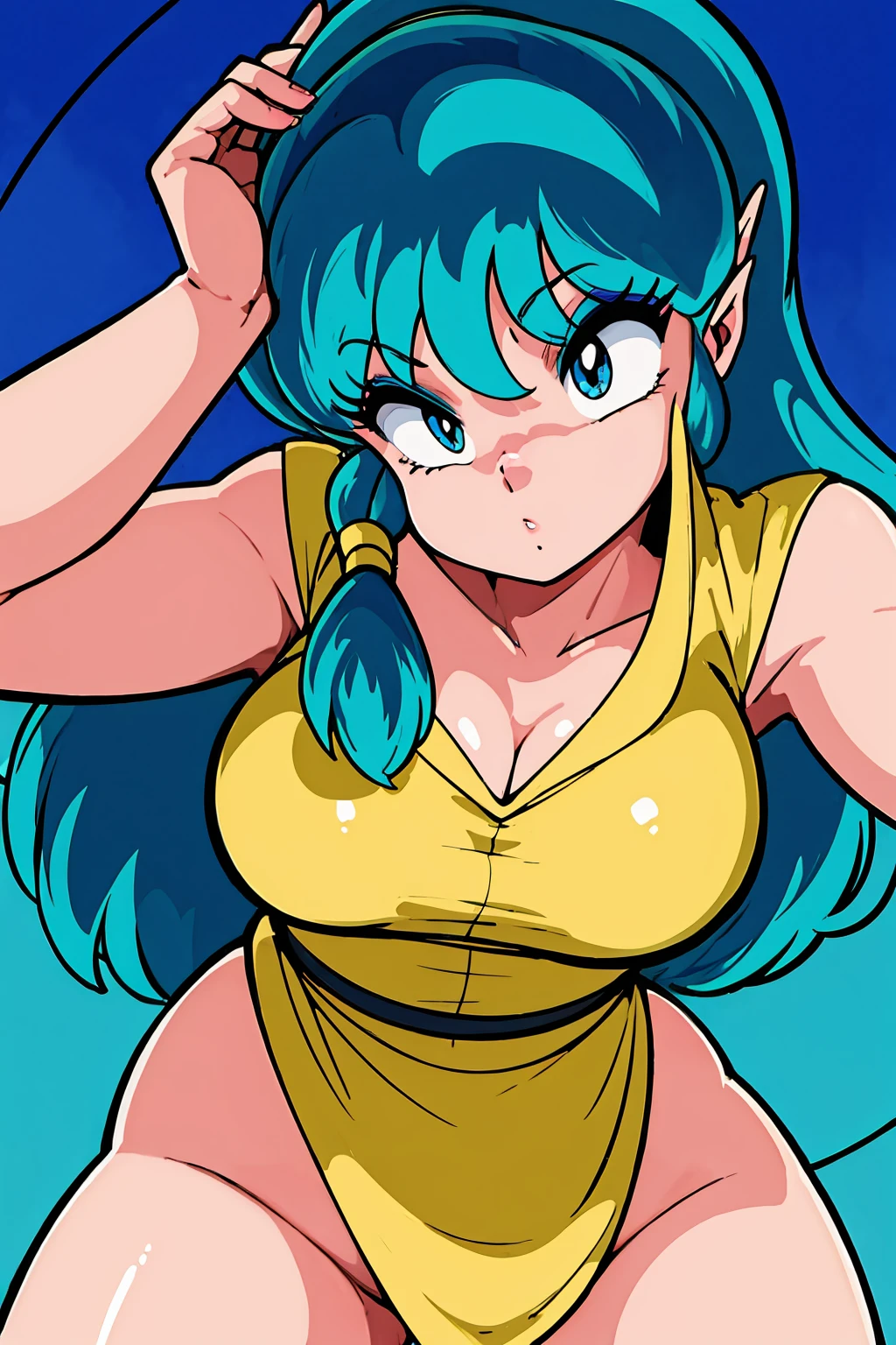 1980's style, retro, source anime, flat color, illustration. lum, single_braid, blue hair, blue eyes, horns, pointy ears, aqua hair, oni horns, eyeshadow, A beautiful detailed woman with expressive eyes, perfect face, 1 girl, solo, anime style, braided ponytail, standing, cowboy shot, looking at viewer, nude, (best quality,4k,8k,highres,masterpiece:1.2),ultra-detailed ,intricate details,highly detailed facial features,extremely detailed skin and hair,extremely detailed eyes and face,longeyelashes,porcelain skin,volumetric lighting,dramatic lighting,vivid colors,natural lighting,detailed background,cinematic composition,elegant,graceful,serene,peaceful