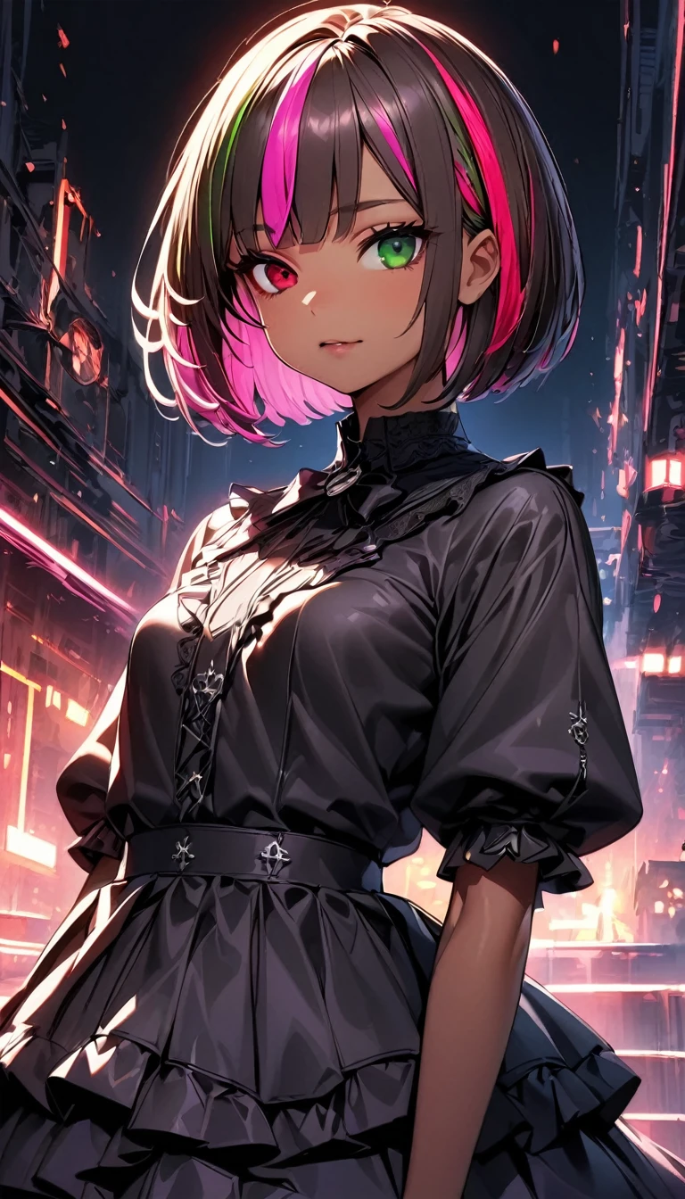 (highest quality:1.2, Very detailed, up to date, Vibrant, Ultra-high resolution, High Contrast, masterpiece:1.2, highest quality, Best aesthetics), Portraiture、girl、solo, (25-years-old:1), slim, , heterrochromia, green eye, red eye, ((gothic lolita:1.3)), (charch), Bright colors、Beautiful fine details、Beautiful lip detail、extra short hair, ((bob cut:1.5))、pink and purple, ((streaked hair:1.9)), (highlights hair: 1.6), (small breast:1.3), (tan skin:0.7), cowboy shot:1,