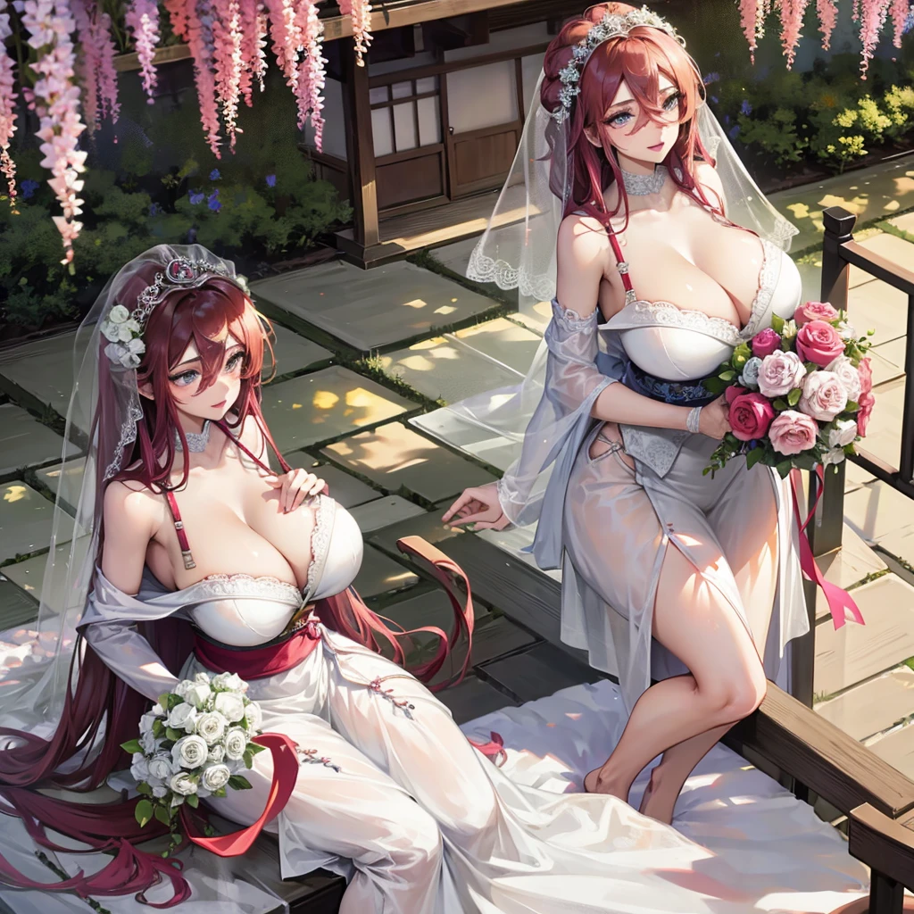Huge breasts with bra and wedding dress with bouquet and veil in a Japanese courtyard