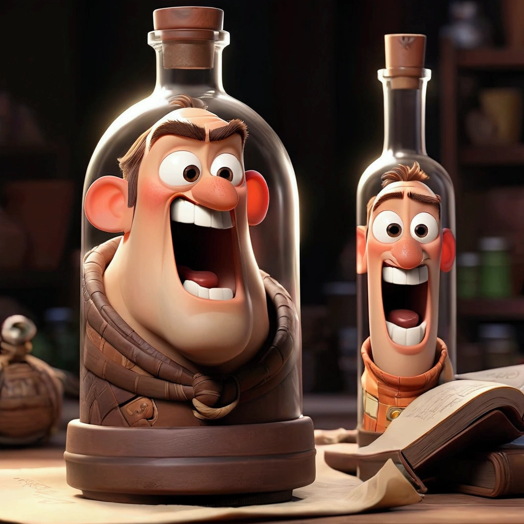 drifting bottle, There is a scroll in the bottle，pixar cartoon style，masterpiece, best quality
