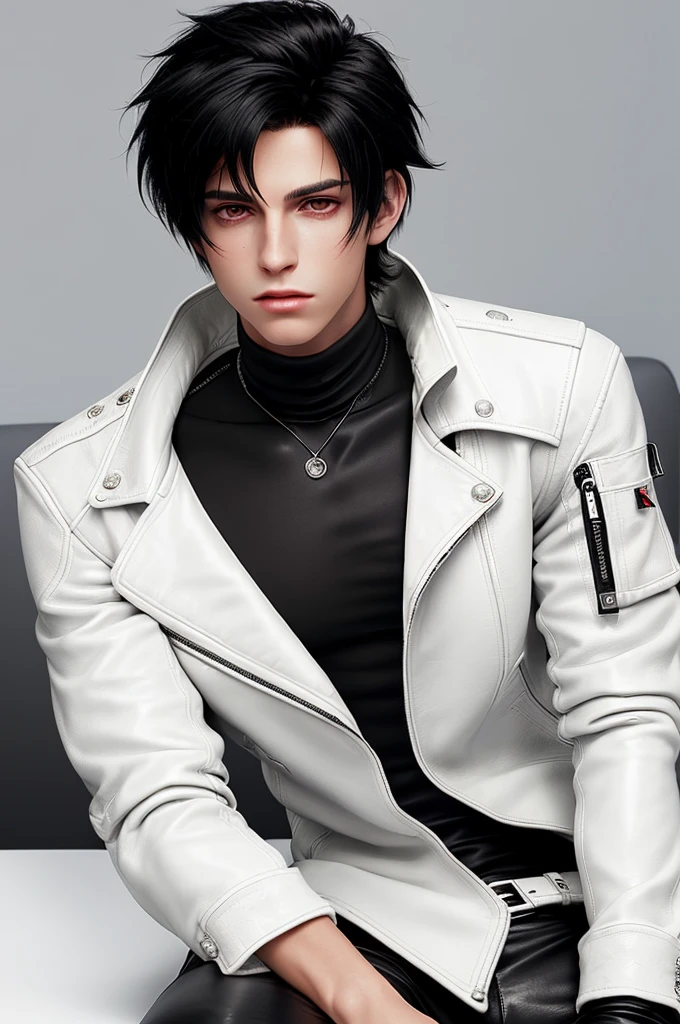 Final fantasy taste and reality graphics, Japanese young cute and cool ikemen boy, his age is early 20s, thin eyebrows and beady eyes, ((he wearing off white color leather thick material jacket)), ((jacket is singlebrest)), biker style jacket, with epaulet, jacket is long sleeve, ((must close the front of the leather jacket)), , ((voluminous leather jacket)), ,((must jacket is high length and stand-up collar)) ((jacket collar with two belts)), ((jacket is a little black color line pattern)),((close the front of the jacket)), ((also wearing black thick material turtleneck lackluster shirts)), ((tight black leather pants)), (( black leather tight and thin gloves)), ((black leather knee-high raceup boots)),((must views head-to-toe)),((must views whole body)), ,((Do not show skin from the neck down)),leather jacket leather glove and leather pants have few wrinkles,boy in the prison room, Avoid showing your innerwear,zip up jacket fastner.
Boy touching owns private parts with right hand.
Bous face is expression of ecstasy.
Boy is black hair.boy looks like fashion model.