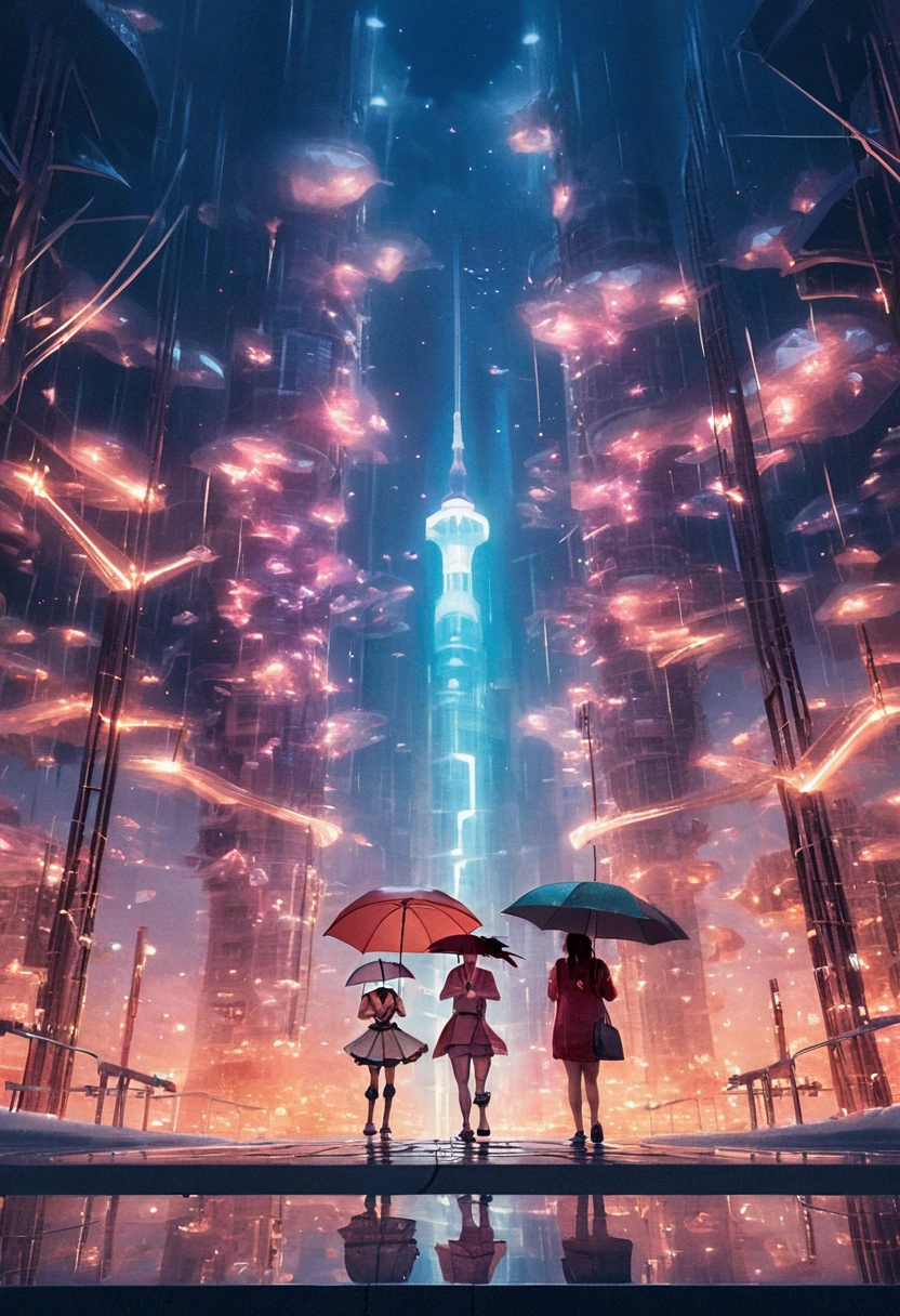 2 women away from the camera, wearing umbrellas, heavy rain, metropolitan city, aqua blue color theme