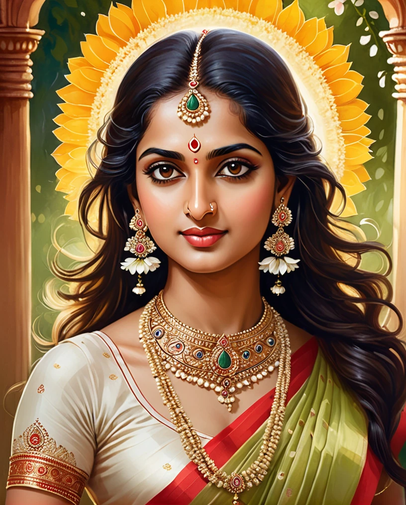 Certainly! Here's a detailed image prompt for creating a Radhe image with your described face structure:

---

**Prompt:**

**Radhe with a Round Oval Face**

In this artwork, create a divine and serene image of Radhe inspired by traditional Indian art styles. Radhe should have a round oval face with a gentle, kind expression. Her face has a few dark spots, which should be subtly incorporated to maintain her natural beauty. 

**Hair and Attire:**

Radhe's dark long hair should flow gracefully down her back, adorned with delicate flowers like jasmine. She should be dressed in a traditional, vibrant saree with intricate designs, primarily in shades of red and gold, symbolizing love and divinity.

**Background and Setting:**

Place Radhe in a lush, green garden filled with blooming flowers, tall trees, and a serene pond. The background should be rich in detail, capturing the essence of nature's beauty and tranquility.

**Accessories:**

Add traditional jewelry such as a maang tikka, jhumkas (earrings), bangles, and a necklace. The jewelry should complement her attire and enhance her divine appearance.

**Expression and Posture:**

Radhe's expression should be peaceful and loving, reflecting her deep connection with Krishna. She can be depicted standing or sitting gracefully, with one hand gently holding a lotus flower and the other slightly raised in a blessing gesture.

**Additional Elements:**

Incorporate subtle, glowing elements around Radhe to emphasize her divine nature. This could include a soft, golden aura or light rays radiating from her.

---

This prompt should help in creating a beautiful and respectful depiction of Radhe with your face structure in mind.