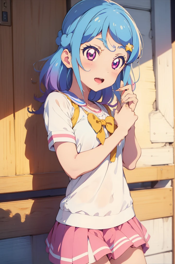 mio aikatsu, mio minato aikatsu, medium breasts, nude, peace sign, on bed, blush , shy, embarrasing, smile, 