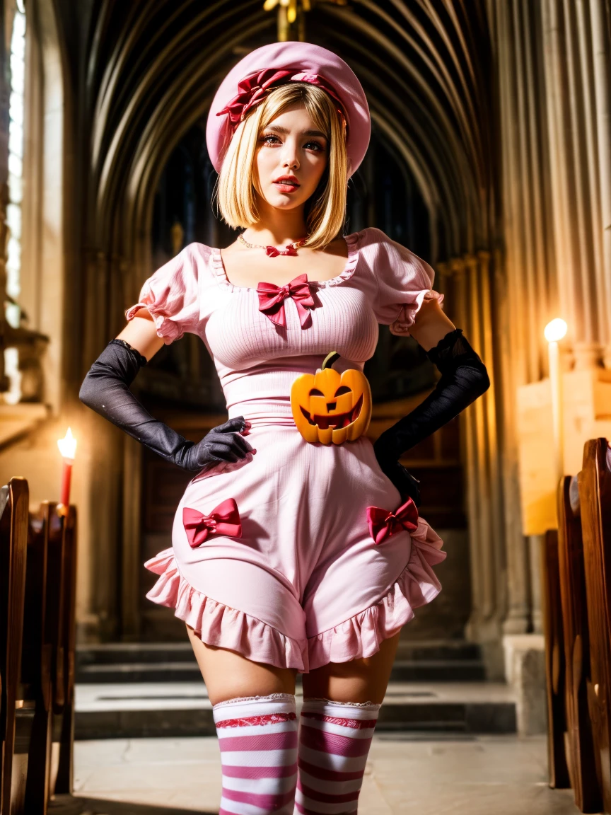 (1 lady), The beautiful, (Best quality at best:1.4), (ultra - detailed), (extremely detailed CG unified 16k), gold blonde hair, very detailed, High-definition RAW color photo, professional photoshooting, amazing face and eyes, cosmetics, (amazingly beautiful girl), ((lambdadelta, tall woman, taller)), ((dress, shoes bow, red shoes, striped stockings, red bow, pink hat, necklace, gloves, pearl, pumpkin brooch, pink dress)), standing, sexyposture,(Dark and stylish cathedral, stained glass, altar, before the altar, candle lights, candle lights:1.3), (look from down), realistic cinematic face, head to feet long wide zoomed out view, full body long view, photorealistic, ((realistic natural blonde hair style, honey eyes)), gorgeous, extremely beautiful face, perfect model beauty, pout mouth, flirting smile, cleavages, city girl, western, shopping in the city, (masterpiece), best quality, high resolution, extremely detailed, blurred background, depth of field, cinematic lighting, (amazing legs, strong legs, athletic legs), high heels, clear and well-cared skin