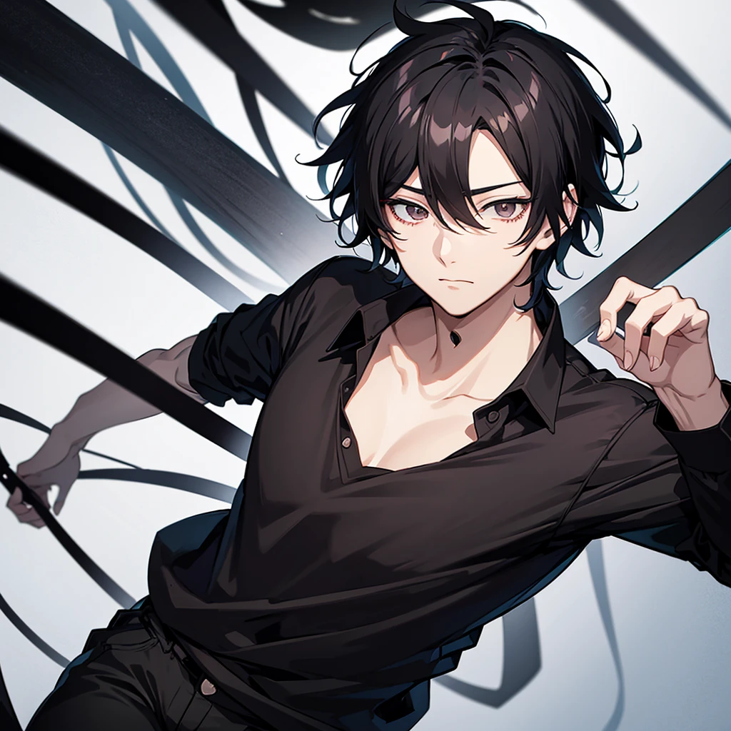 An anime boy with black hair that covers his eyes, with a black shirt and pants