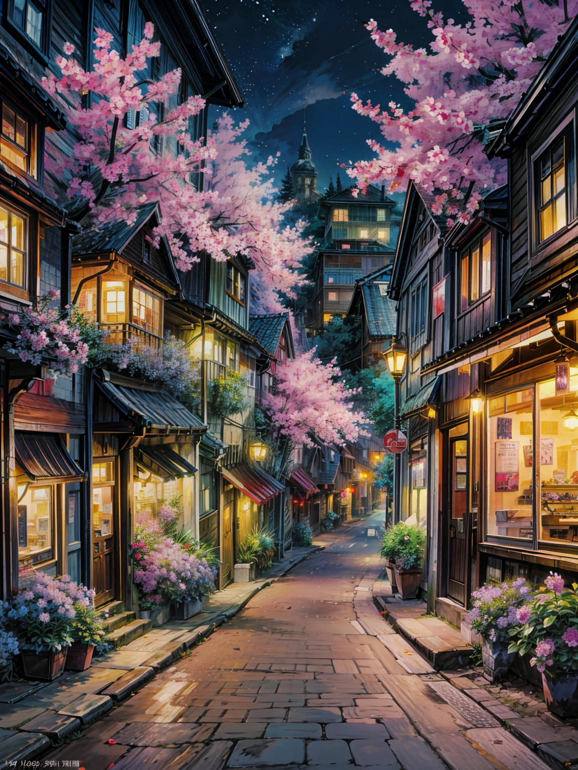 a painting of a city street at night, Anime Background Art, Flowers, Ross Tran. flowering tree, Landscape Background, Anime Scenery, Anime movie background, hd anime cityscape, Anime scenery, anime style cityscape, colorful Anime movie background, Anime scenery wallpaper, night village backgrounds, nodded, beautiful cityscape background, Evgeny Rushpin, city + Graffiti Background, anime nature wallpapers , 4k hd,, Beautiful Art UHD 4K, Beautiful artwork illustration, Beautiful digital painting, Highly detailed digital painting, Beautiful digital art, Detailed painting 4k, Highly detailed digital painting, Rich, picturesque colors, Gorgeous digital painting