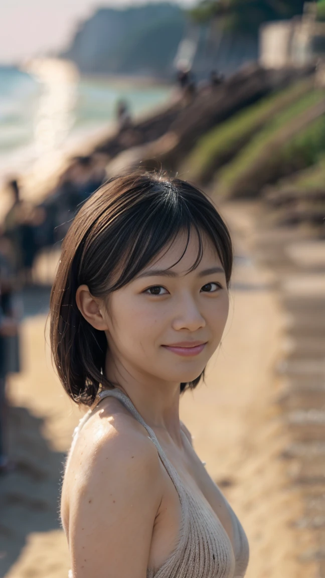 ((from below:1.5)), ((whole body:1.5)), (ultra detailed), (masterpiece), (best quality), Highest quality, Realistic, Surreal, Highest quality, Extremely detailed CG, Very delicate, 16K wallpaper, High resolution, 1 Girl, 43歳の日本people女性, (small eyes:1.5), ((Two very small moles on my right cheek:1.5)), (Skin dents), Medium Chest, (cinematic lighting), (Beach:1.5), (Sea and sandy beaches:1.5), people々, (bob cut:1.5), (medium hair:1.5), (graduated haircut:1.5), ((Knit-Bikini:1.5)), (I wore it:0.8), Nice, bloom, Floating Hair, (Dynamic pose:0.6), BREAK ((in the night:1.5)), Beautiful moonlit night sky, (Shy Smile:1.2), Thin lips, slim, (Highly detailed face), (Highly detailed facial expressions), (Face the front completely:1.5), ((Looking into the camera:1.5)), Slender body, Large file size,