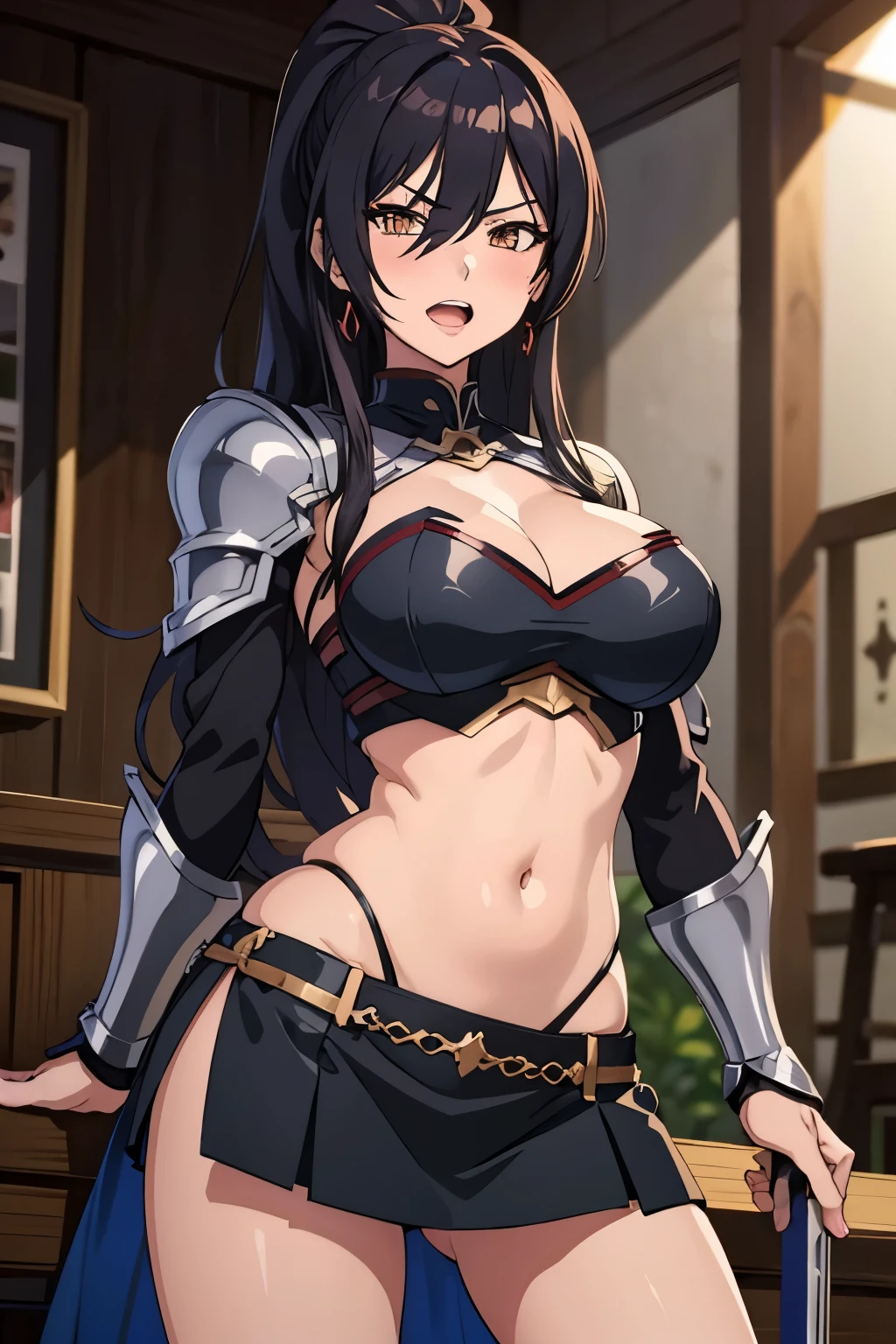 1girl, shirase sakuya, high ponytail, long hair, blush, lipstick, Hot girl, baddie, staring, glaring, bad attitude, mean girl, dare, angry, hate, crazy, smoking, sensual, attractive, jewelry, earrings, masterpiece, best quality, highly detailed, fantasy , a anime girls in armored dress holding a sword
posing for a picture, evil smile, smile, open mouth, breastplate with open cleavage, cleavage, warrior
outfit, ecchi anime style, anime girls, ecchi style, (nsfw) not safe for work, ecchi, digital anime art!!, in
anime style, official artwork, visual novel cg, beautiful anime girl, anime style 4 k , loincloth, exposed
belly, exposed navel, exposed midriff, exposed lower belly, pencil skirt armored, castle,inside castle