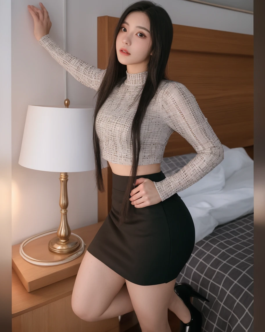 cute korean girl wearing a short skirt with stockings