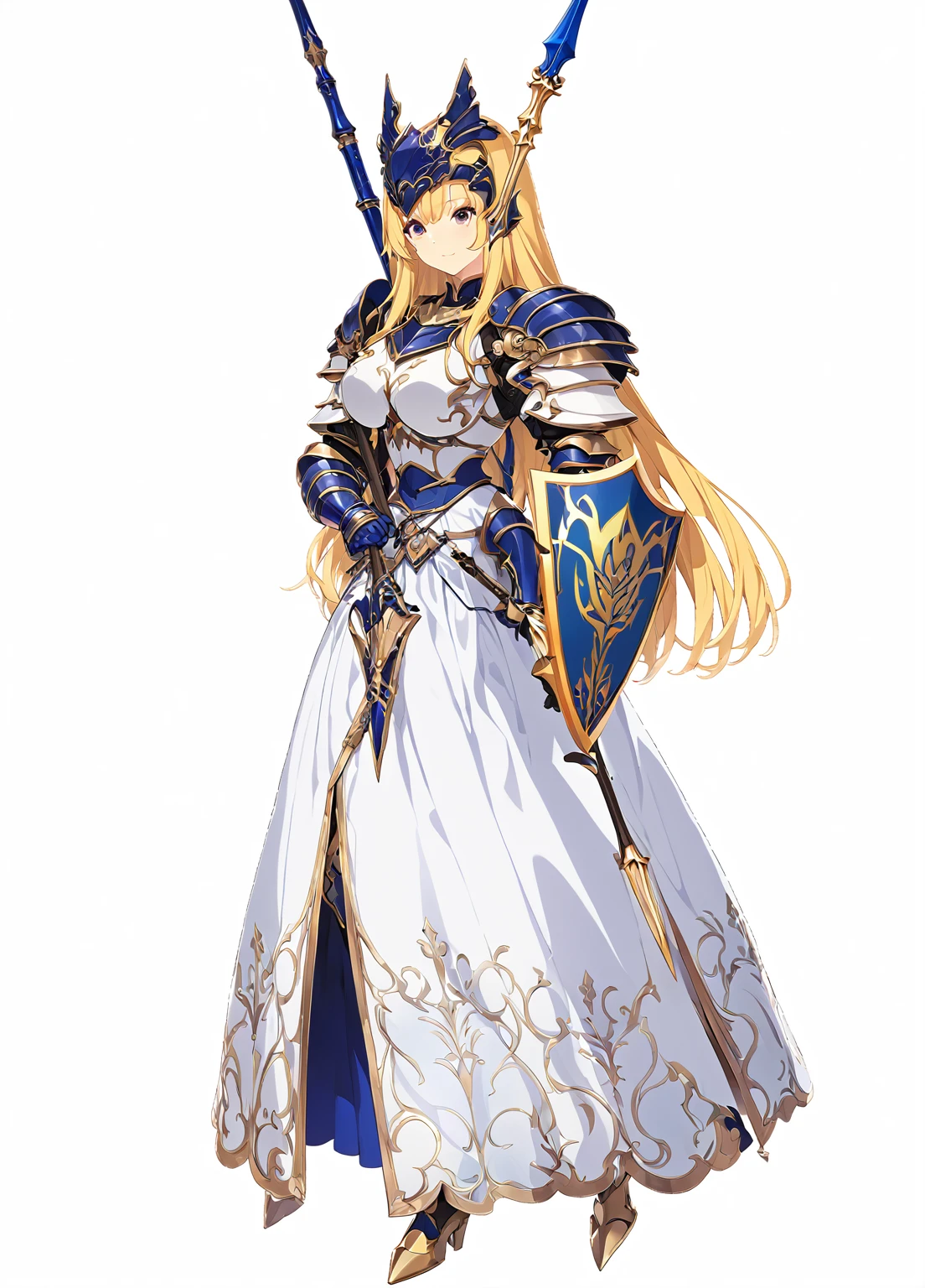 high quality, high resolution, high qualityのゲームアートスタイル, whole body,valkyrie,perfect hand,Official Art, Smooth game CG art, Visual Novel Sprites, White background,Smooth game CG art, (((Woman with a long spear))),Woman wearing a white dress and blue armor, An intricately designed helmet with white feathers,Small shield, (((In his right hand he holds an elaborate long spear))),Exquisite Blue Armor,Golden Hair, long hair, female knight, Rin々Shii,Large Bust,20-year-old,