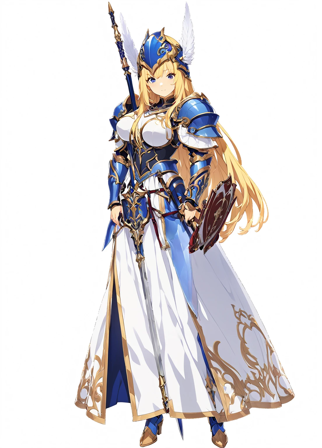 high quality, high resolution, high qualityのゲームアートスタイル, whole body,valkyrie,perfect hand,Official Art, Smooth game CG art, Visual Novel Sprites, White background,Smooth game CG art, (((Woman with a long spear))),Woman wearing a white dress and blue armor, An intricately designed helmet with white feathers,Small shield, (((In his right hand he holds an elaborate long spear))),Exquisite Blue Armor,Golden Hair, long hair, female knight, Rin々Shii,Large Bust,20-year-old,