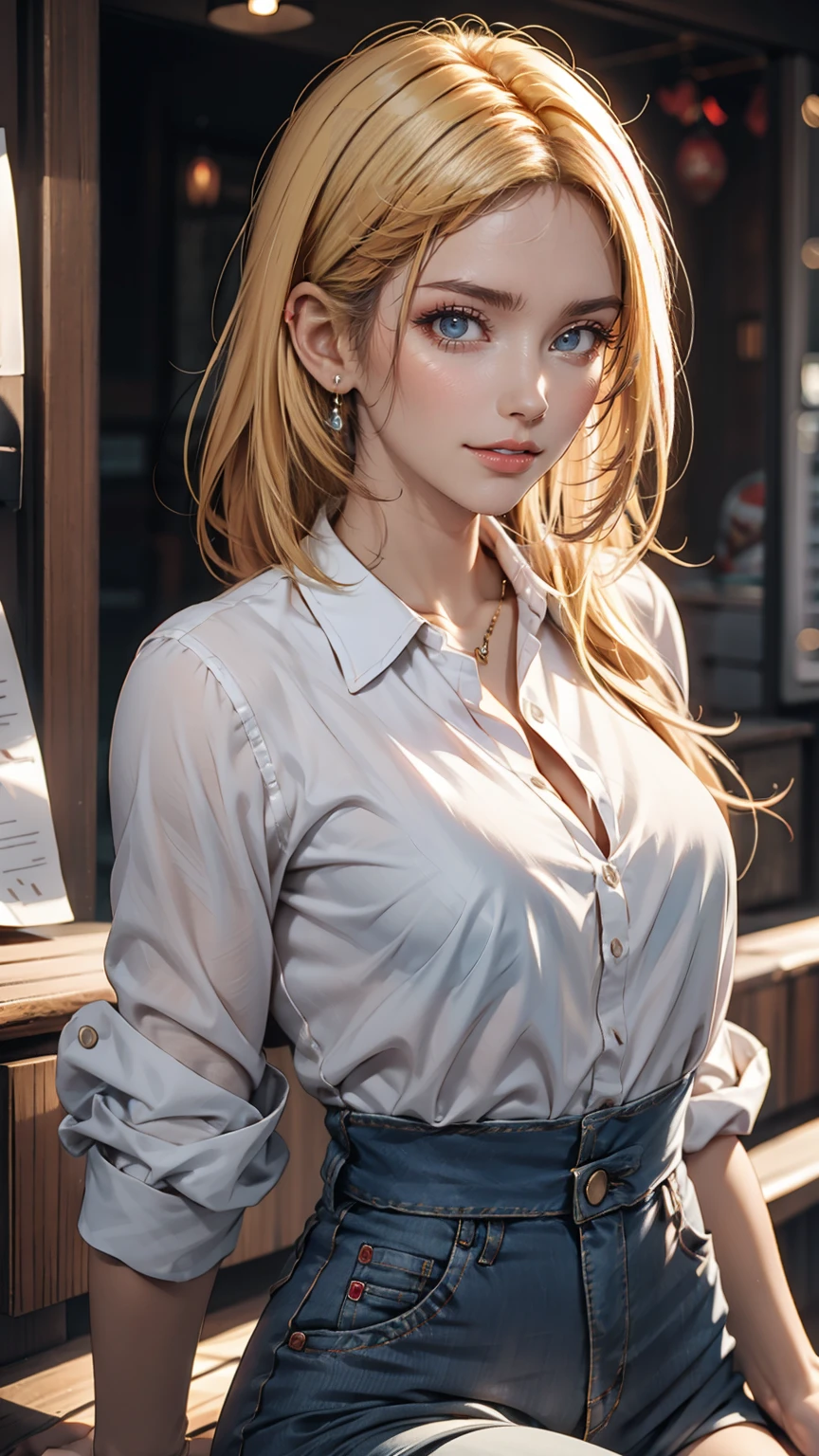 19-year-old female、Her hair color is blonde.、Eye color: blue、Medium hair straight hair、I'm wearing eyeshadow and lipstick、Slender but well-proportioned, slim and muscular body、smile、Big Breasts、Wearing accessories on the wrist、Wearing a jacket、I can see my belly button、My abs are ripped、She is wearing low-rise, undamaged hot pants.、I'm wearing high heels、smile、Looking to the side、My chest is popping out、smile、I'm wearing leg warmers