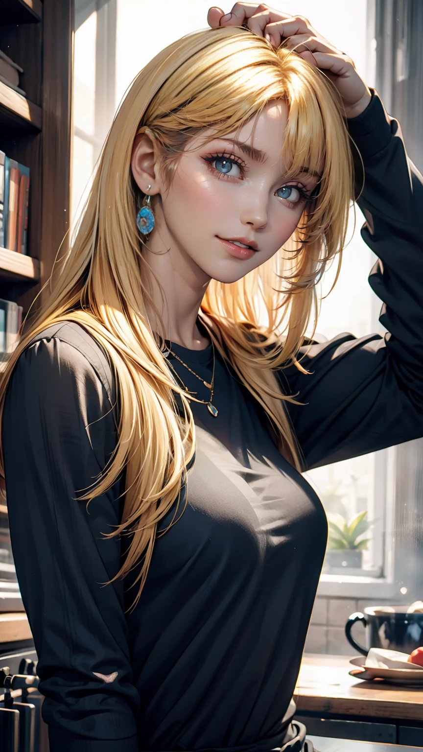 19-year-old female、Her hair color is blonde.、Eye color: blue、Medium hair straight hair、I&#39;m wearing eyeshadow and lipstick、Slender but well-proportioned, slim and muscular body、smile、Big Breasts、Wearing accessories on the wrist、Wearing a jacket、I can see my belly button、My abs are ripped、She is wearing low-rise, undamaged hot pants.、I&#39;m wearing high heels、smile、Looking to the side、My chest is popping out、smile、I&#39;m wearing leg warmers
