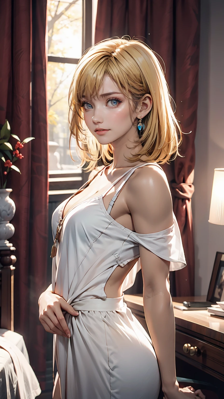 Girl with blonde hair and blue eyes, beautiful, underwear bite, sexy pose, lower body slender, back figure, gaze is window side, hair is short bob woman, tall, wearing a businessman's uniform, upper body braless)), jacket front opening, carrier woman, underwear bite, sexy pose, lower body slender, behind the woman there is a window showing various buildings in the city (absurd, high resolution, super detailed),
