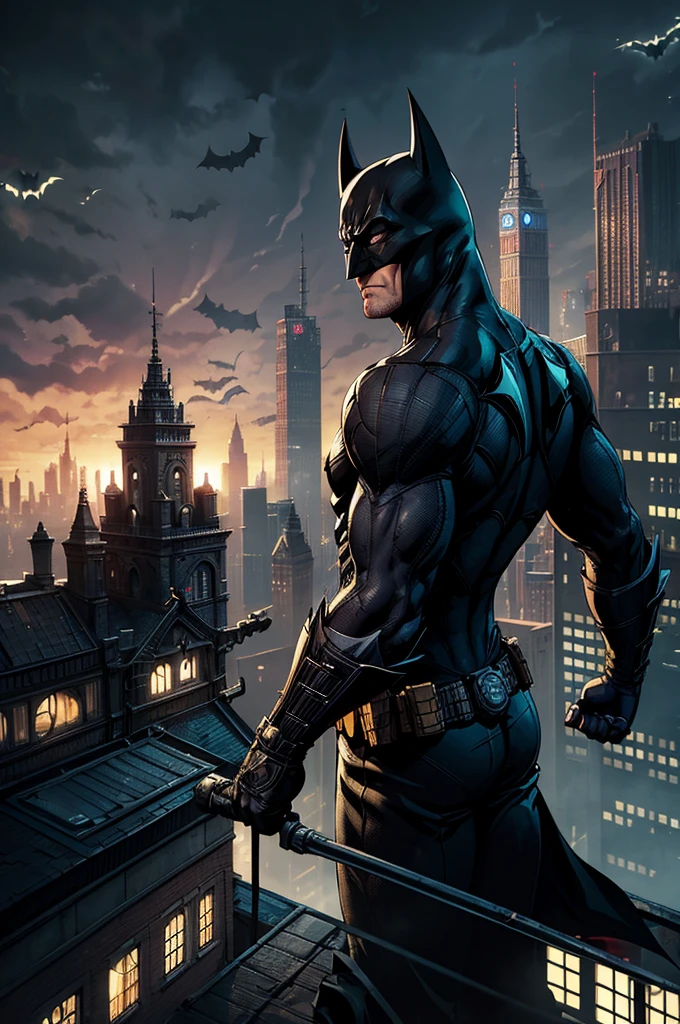 Batman character from the back (uniforme baseado em Batman Arkham City) on top of a building looking at Gotham City in front of you.