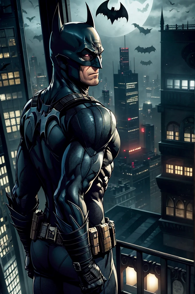 Batman character from the back (uniforme baseado em Batman Arkham City) on top of a building looking at Gotham City in front of you.