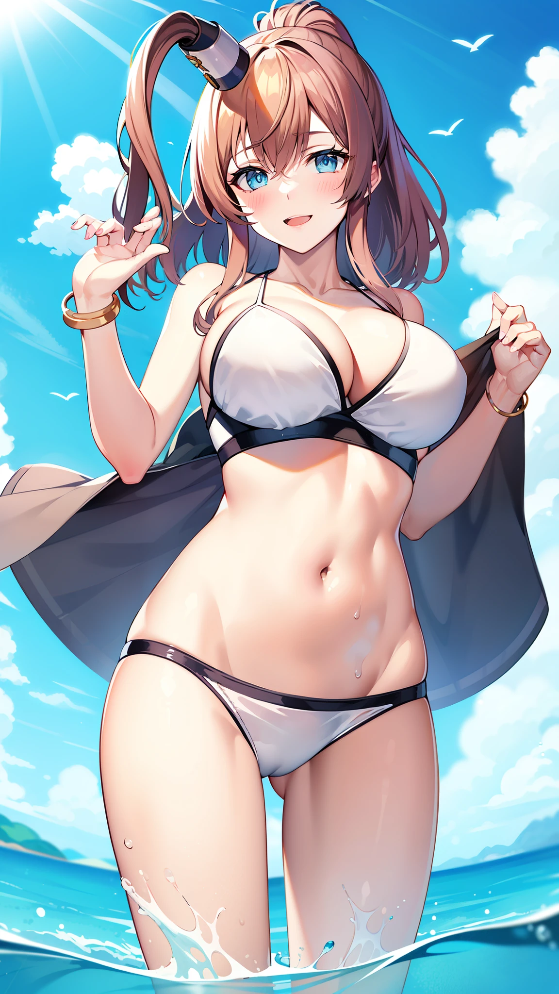 masterpiece, best quality,
1girl, solo
othersara,white bikini,bracelet,
wading,
smile,,blush,large breasts,navel,narrow waist