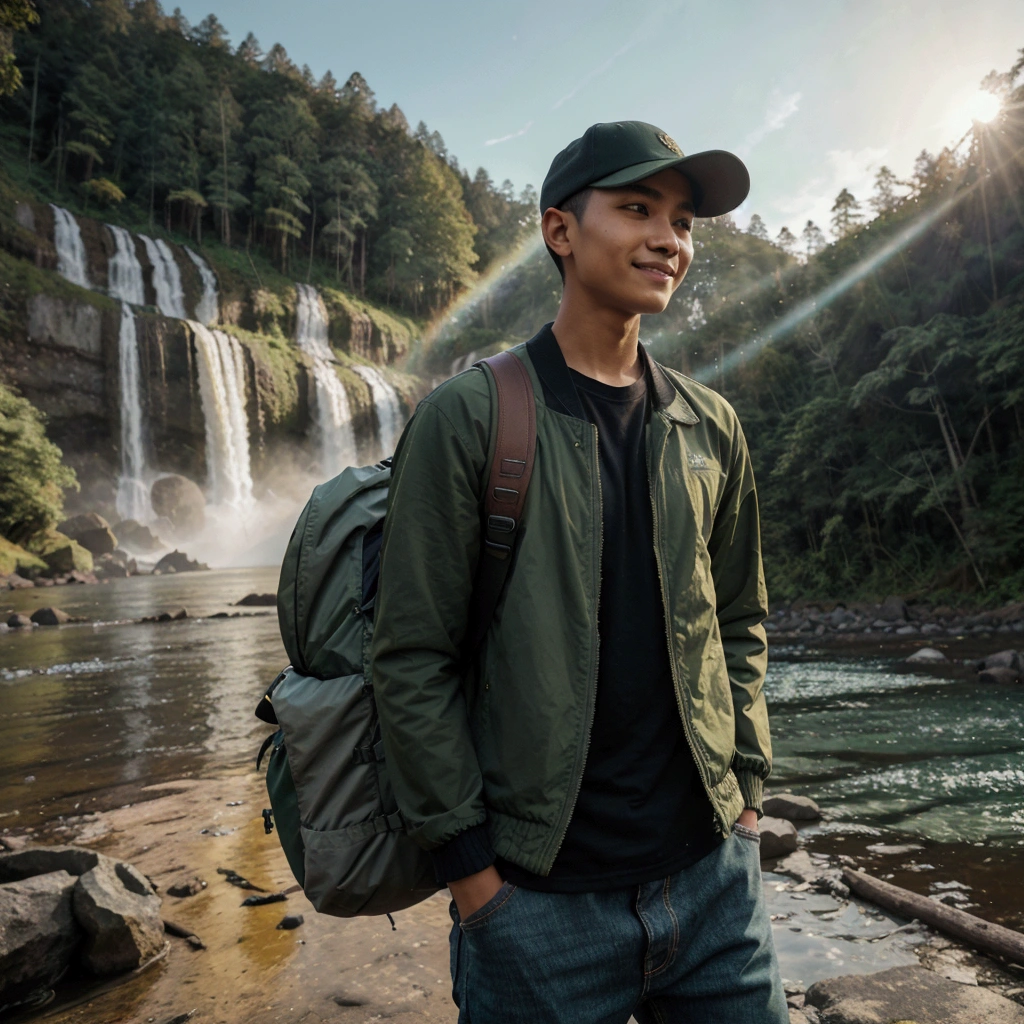 Cinematic photography of a young man from Indonesia with buzz cut hair, wearing a baseball cap, wearing a green jacket and black t-shirt, long jeans, mountain shoes, standing while carrying a backpack, standing in front of a large forest facing a waterfall, and a calm view. The sky was a bright blue, and the sun cast a warm golden light across the scene. stunning while smiling at the camera