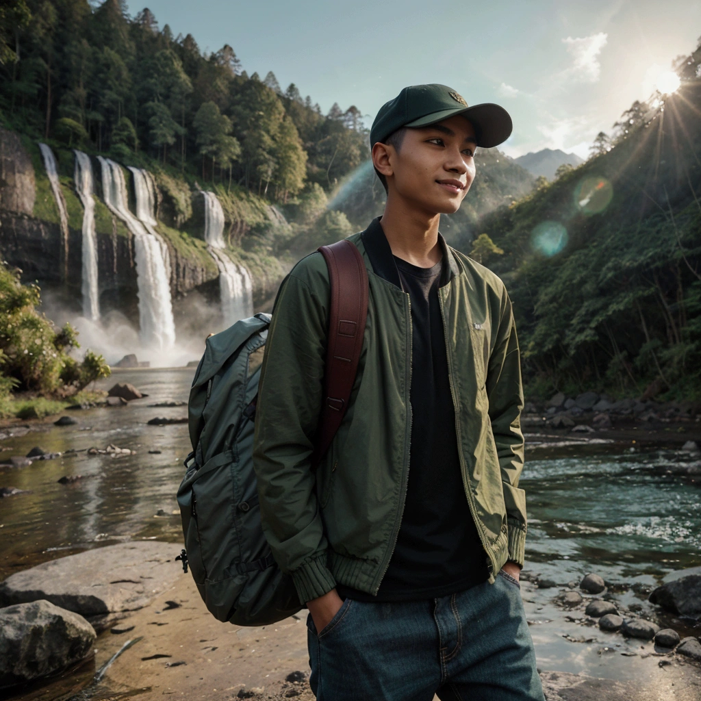 Cinematic photography of a young man from Indonesia with buzz cut hair, wearing a baseball cap, wearing a green jacket and black t-shirt, long jeans, mountain shoes, standing while carrying a backpack, standing in front of a large forest facing a waterfall, and a calm view. The sky was a bright blue, and the sun cast a warm golden light across the scene. stunning while smiling at the camera