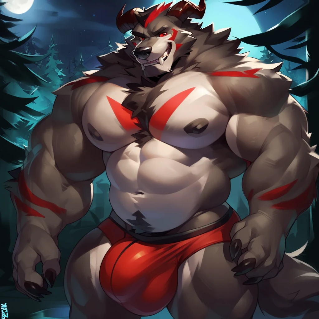 Solo, male (((giant, tall, wolf, werewolf, red eyes, grey body, Muscular, broad shoulders, hyper pecs, huge pecs, huge muscles, abs, muscular arms, muscular thighs, sharp teeth, black chest hair, black nose, tail, fangs, exposed teeth, clawed hands, clawed feet, big tusks, horns, big horns, body marking, red markings, black claws, scruffy cheeks, huge bulge))) forest, night, standing ((male focus, focus wolf, focus teeth)) rubbing stomach, detailed hands, detailed eyes, detailed face, detailed teeth, detailed tusks, detailed arms, detailed abs, detailed bulge, detailed snout, briefs, black briefs, big briefs, accurate tusk placement, perfect anatomy, by darkgem, by mystikfox61, by glitter trap boy