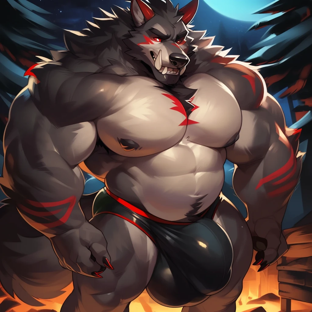 Solo, male (((giant, tall, wolf, werewolf, red eyes, grey body, Muscular, broad shoulders, hyper pecs, huge pecs, huge muscles, abs, muscular arms, muscular thighs, sharp teeth, black chest hair, black nose, tail, fangs, exposed teeth, clawed hands, clawed feet, big tusks, horns, big horns, body marking, red markings, black claws, scruffy cheeks, huge bulge))) forest, night, standing ((male focus, focus wolf, focus teeth)) rubbing stomach, detailed hands, detailed eyes, detailed face, detailed teeth, detailed tusks, detailed arms, detailed abs, detailed bulge, detailed snout, briefs, black briefs, big briefs, accurate tusk placement, perfect anatomy, by darkgem, by mystikfox61, by glitter trap boy
