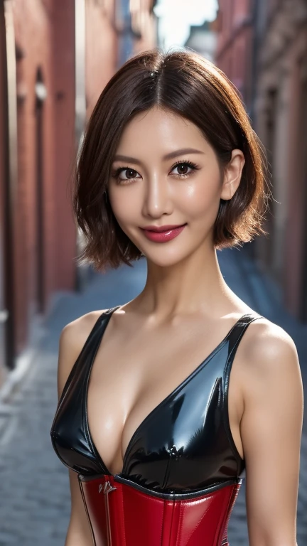 (38 years old), (black high leg suit),(Black slip)、(Black knee-length boots), double eyelid, eyelash, Red Lip gloss, (smile)、 (Looking at the audience、Are standing), (From above:0.2)、尖ったRed Mouth、(black wet shiny short hair),Red Mouth,clavicle、 (Photorealistic:1.3),(RAW Photos),(Woman standing in the old town of Stockholm, Sweden, Cobblestone Street, High walls, View of the old town hall, Illuminated by the moonlight) , 8k, Super Detail, Highest quality, Textured skin, Anatomically correct, masterpiece , Highest quality, Cinema Lighting, Use perspective throughout , Surrealism , ,(Realistic:1. 3),(RAW Photos) , Black Hair, light smile, short hair, Bobcut, Anaglyph, Stereogram, (Mature Woman:1), (38 years old), ((close:0.5)), Glare, double eyelids, Lip gloss, (smile:1), ((close your eyes:0.85)), Red Mouth, clavicle, ((View your viewers)), (short hair of reddish-brown color wet and shiny,), (The whole body is visible) , Slightly thick body type , Wide-eyed , Perfect round eyes , Fine texture , (BDSM, Rubber, Black corset) 、(I'm drooling with my mouth open:1.2)