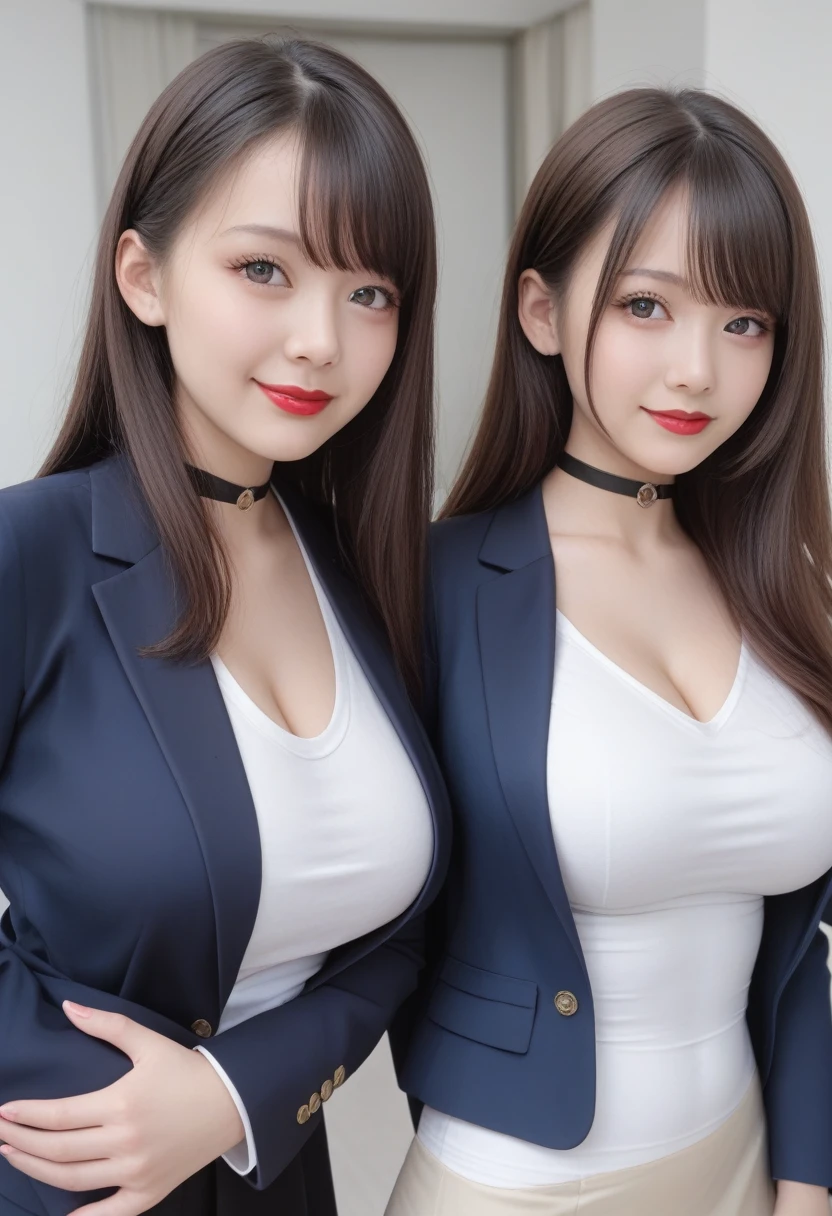 score_8, score_9, Highest quality, masterpiece, Long Hair, Brown Hair, sexy, girl, Sisters, ((tight white shirt, Dark Blue Blazer))， Adorable， smile， Slim face, Slim body，Perfect hands，Black choker、Blue color contact lenses、bangs、Very thick and long eyelashes、((Big Breasts)), Dependents, Big Breasts, Red lipstick, Anatomically correct, Luxury Lounge, Popular Caster、mini skirt